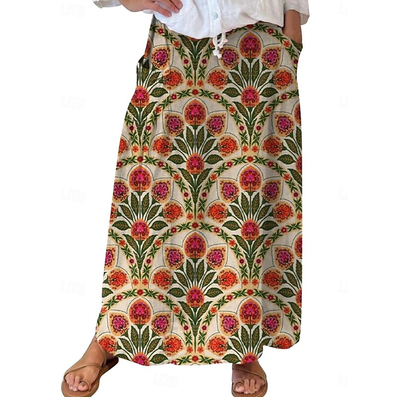 Women's Skirt A Line Bohemia Vintage Casual Maxi High Waist Skirts Floral Pocket Print Micro-elastic Street Daily Navy Blue Blue Sky Blue Brown Summer Polyester Faux Linen3