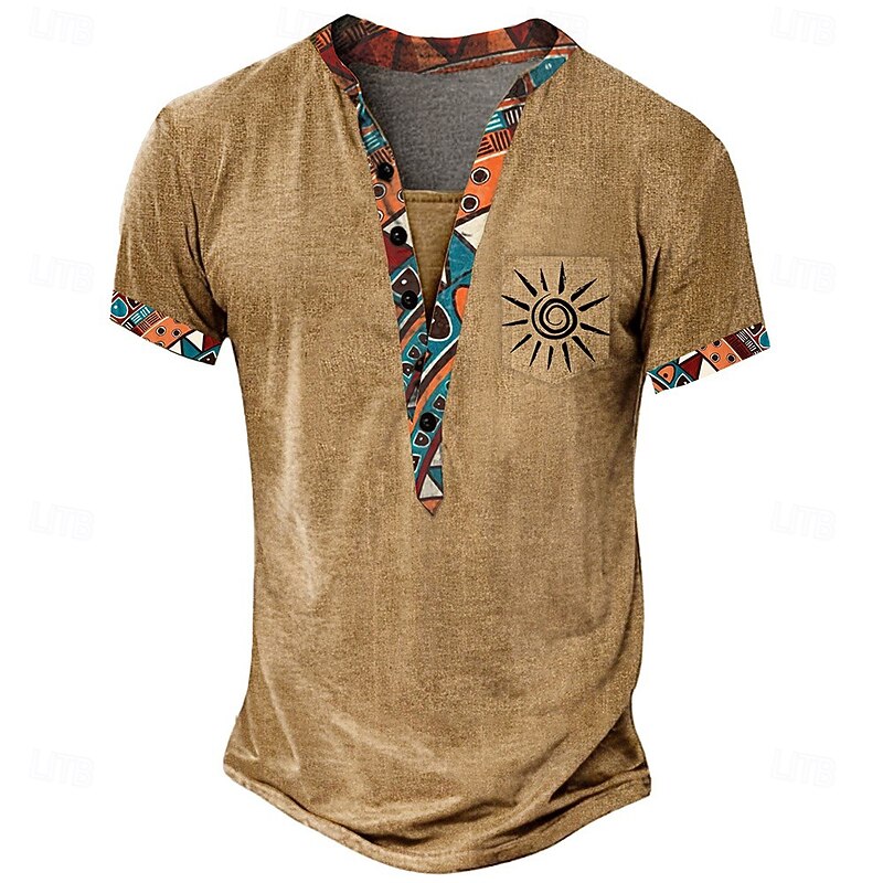 Men's Tribal Ethnic T Shirt Henley Shirt Tee Short Sleeve Designer Basic Ethnic Outdoor Casual Daily Summer Brown Light Green Khaki Henley Henley T-Shirt3