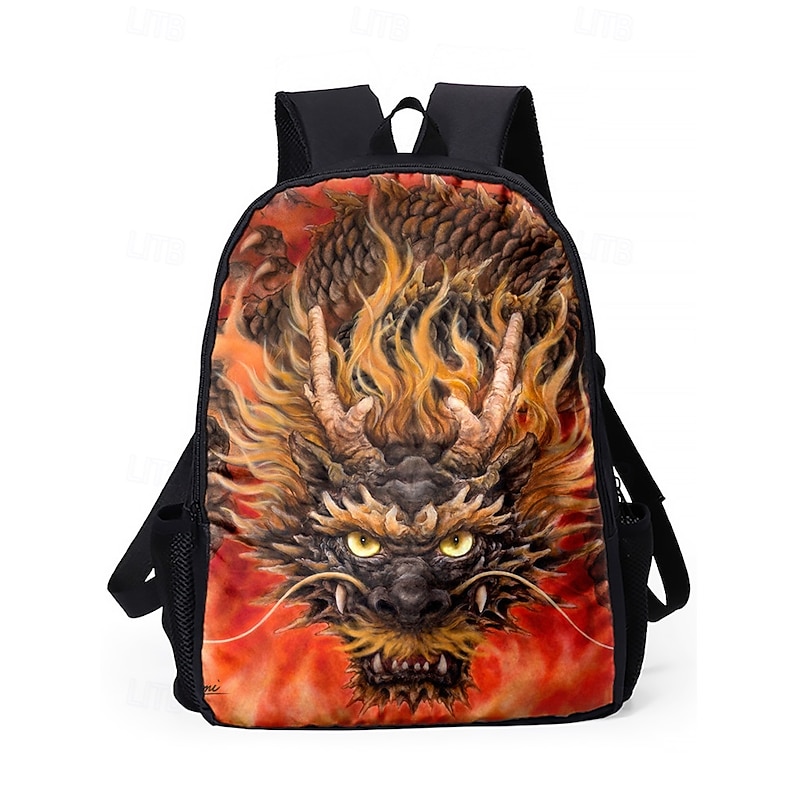 Men's 3-Piece Dragon Backpack Set with Flame Print - Durable School Bag, Insulated Lunch Bag and Pencil Bag for Teens Back to School and Fantasy Style Lovers Kayomi Harai4