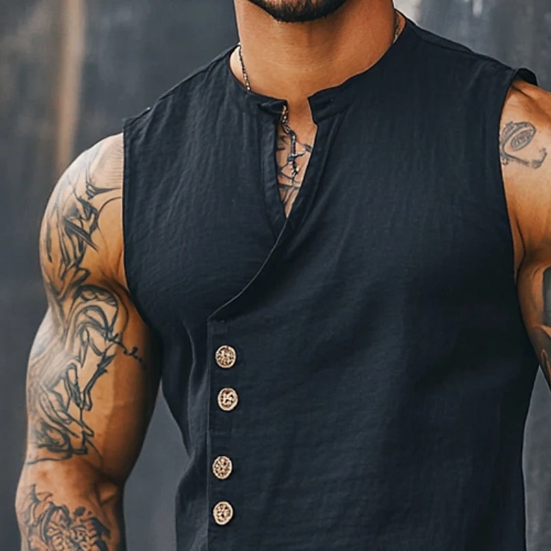 Men's Shirt Linen Shirt Summer Shirt Beach Shirt Vintage Shirt Sleeveless Shirt Plain Daily Streetwear Black White Sky Blue Khaki Sleeveless Mandarin Collar Summer Spring Clothing Apparel Buttons2