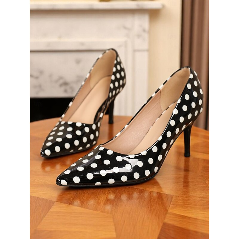 Women's Black and White Polka Dot Pointed-Toe Pumps, Patent Leather Kitten Heels for Office Wear, Retro 1950s Style Parties, and Cocktail Events3