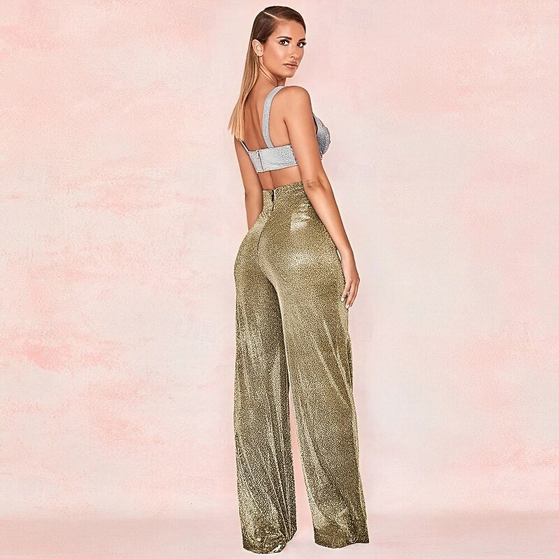 Retro Vintage 1970s Groovy Maxi Wide Leg Pants Disco High Waist Metallic Sequin Fancy Dress Women's Halloween Carnival Music Festival Pride Parade Retro Theme Party Adults' Pants All Seasons2