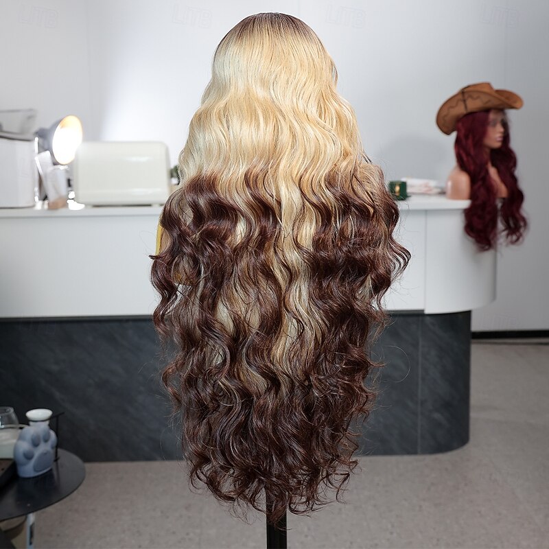 Synthetic Lace Wig Body Wave Style 30 inch Dark Brown Gold Blonde Ombre Middle Part 13x4 Lace Front Wig Women's Wig A14