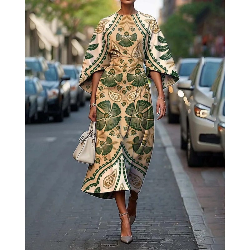 Women's Midi Dress Floral Dress Fashion Classic Modern Vacation Daily Holiday Regular Fit Flower Half Sleeve Crew Neck Black Light Green Blue Emerald Green Summer - Main Image