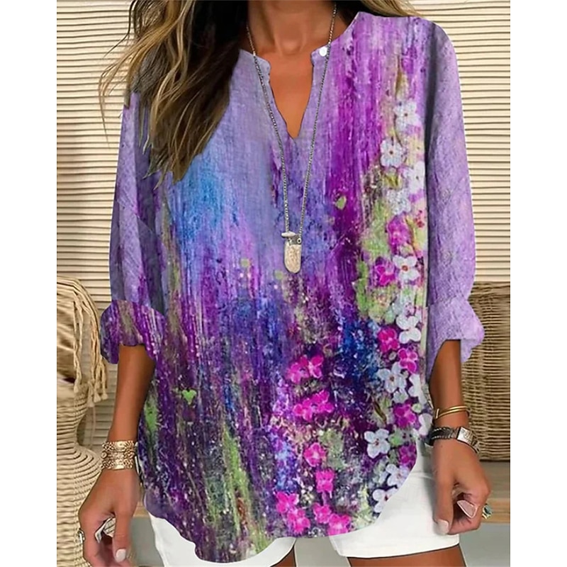 Women's Shirt Flower Daily Stylish Basic Long Sleeve V Neck Regular Tops Daily Holiday Print Yellow Royal Blue Purple Spring Fall2