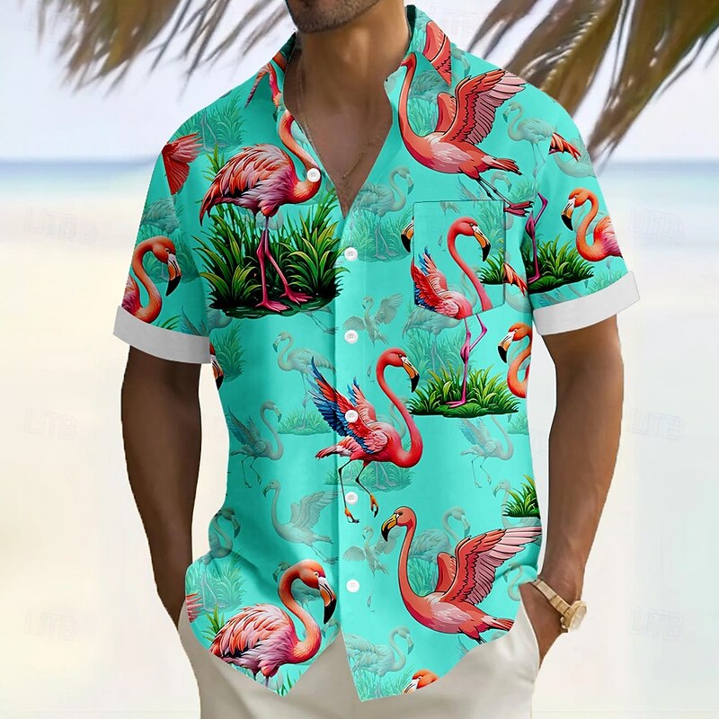 Men's Flamingo Bird Tropical Plants Summer Hawaiian Shirt Button Up Shirt Aloha Shirt Short Sleeve Hawaiian Vacation Holiday Beach Wear Summer Turndown 3D Print Front One Pocket Linen Like Shirt