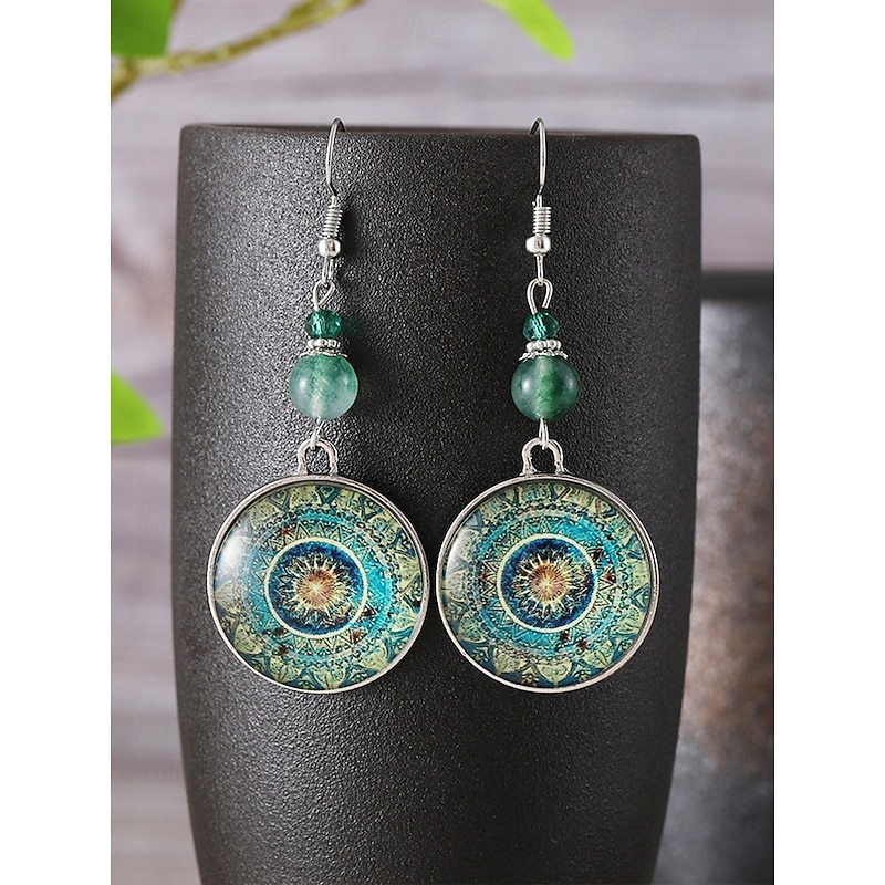 Women's Boho Mandala Dangle Earrings – Vintage Glass Dome with Green Beads, Artistic Ethnic Jewelry for Festivals, Travel and Everyday Wear