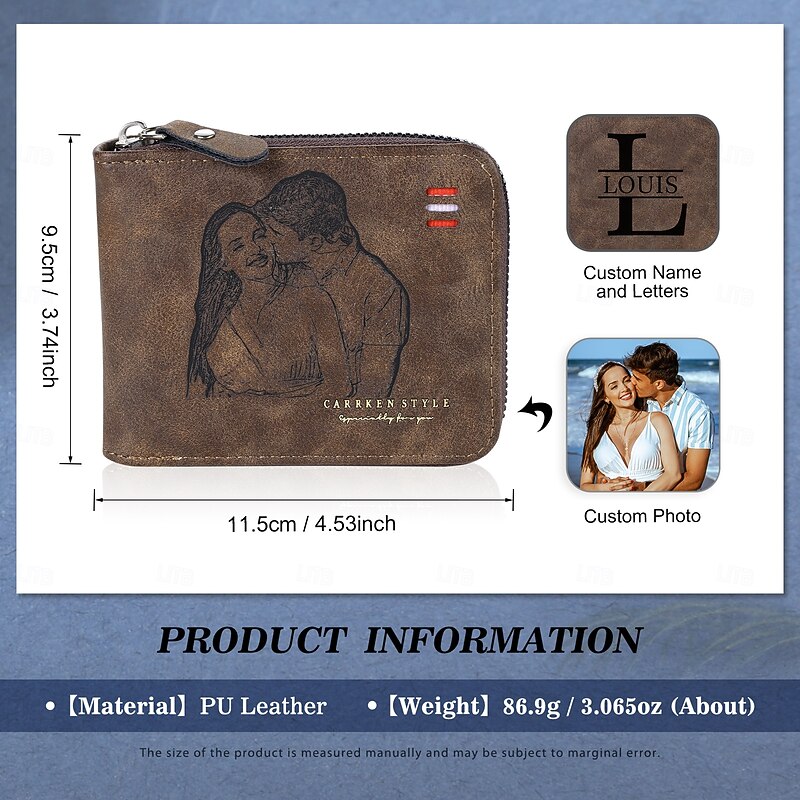 Personalized Photo Engraved Leather Wallet Custom Best Gift for Dad, Custom Name and Initial Engraved on Back, Perfect Valentine's Day, Father's Day, Anniversary, Birthday Gift2
