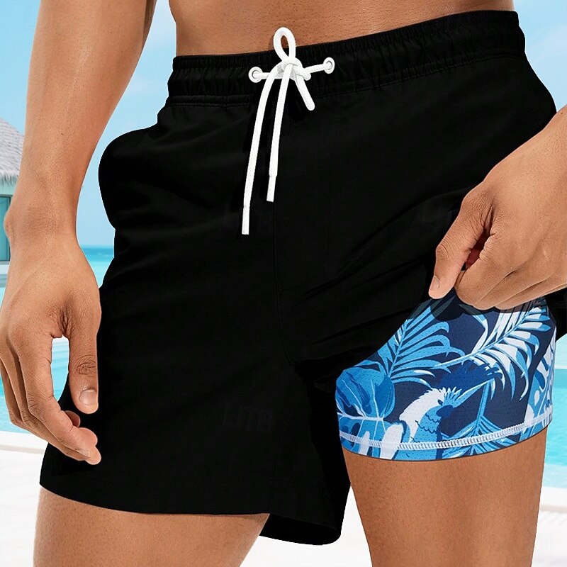 Men's Swim Shorts Board Shorts Swim Trunks Print Quick dry Breathable Drawstring Elastic Waist With Compression Liner Vacation Beach Hawaiian Casual Black Sky Blue2
