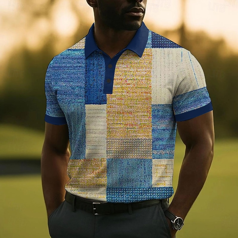 Men's Patchwork Polo Short Sleeve Polo Shirts Collared Shirts Business Casual Outdoor Business Daily Wear 3D Print Summer Blue Orange Green