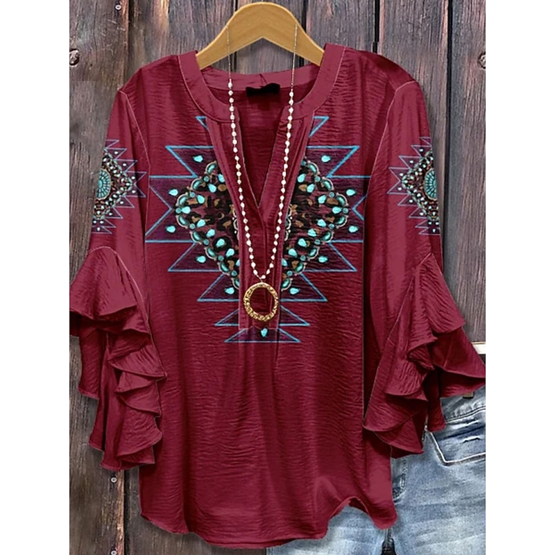 Women's Retro Blouse Layered Ruffle Sleeve Tops Vintage Graphic Geometric Vintage Daily Stylish 3/4 Length Sleeve Regular Tops Daily Holiday Vacation Wear Print Wine Camel Orange Summer Spring2