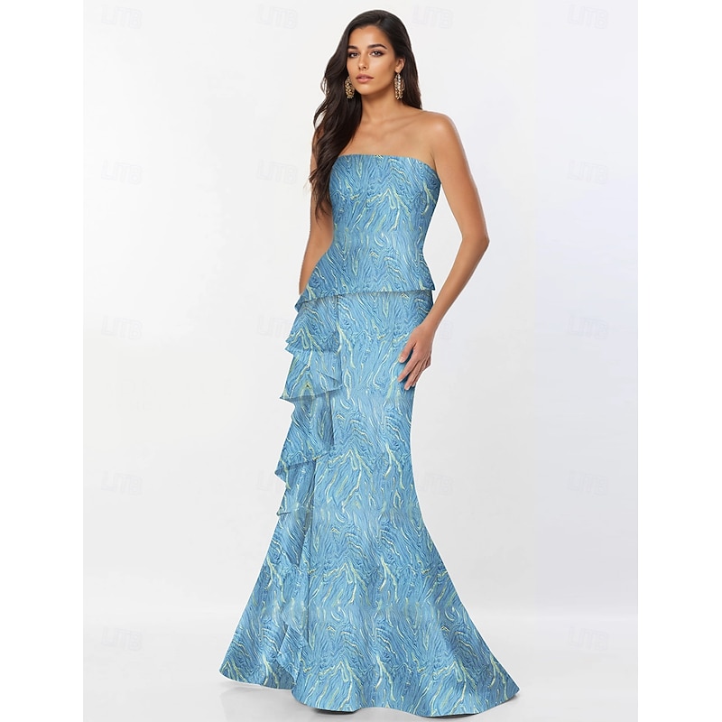 Cape Dress Jacquard Peplum Dress Marble Mermaid / Trumpet Evening Gown Elegant Dress Formal Semi Formal Black Tie Wedding Floor Length Sleeveless Strapless with Ruffles3