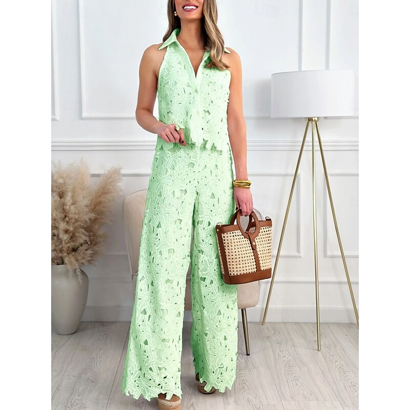 Women's 2 Pieces Fashion Streetwear Daily Camis Pants Sets Sleeveless Shirt Collar Solid Color Patchwork Casual Daily White Yellow Blue Summer Regular Fit4