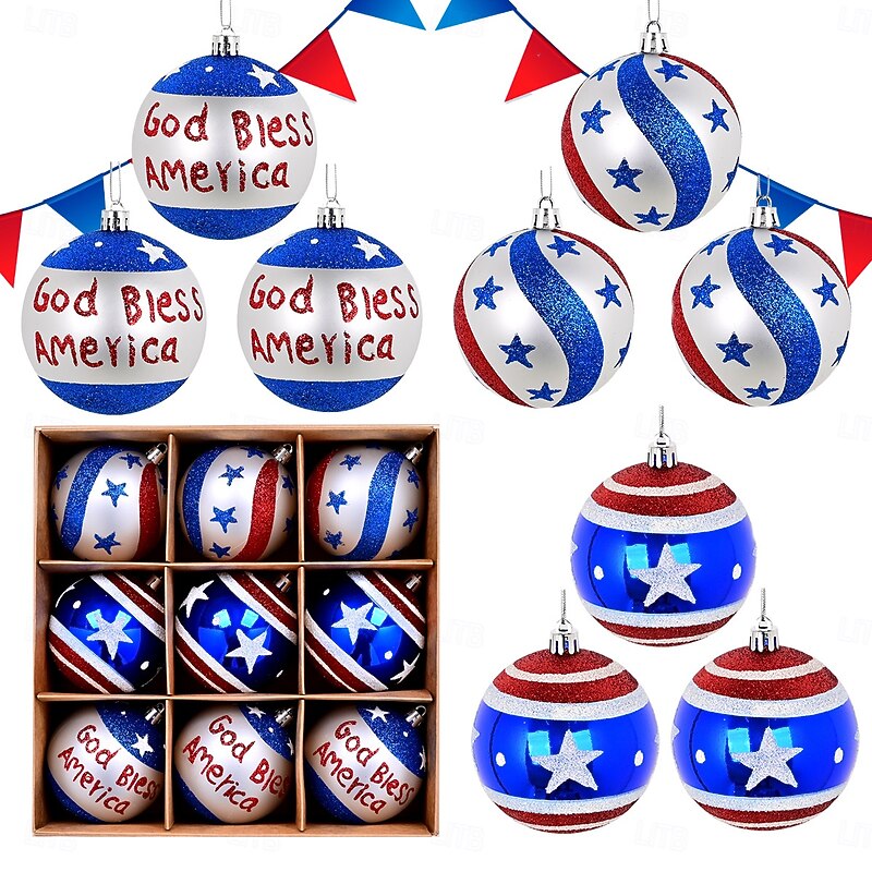 9pcs/set Patriotic Ornaments for 4th of July Tree Decorations,Independence Day Red White Blue Shatterproof Americana Gnome Hanging Ball Ornaments for Labor Christmas Memorial Day Decor - Main Image