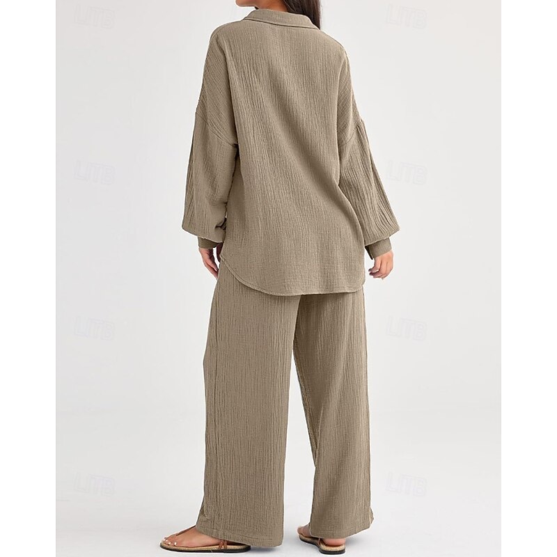 Women's Active Fashion Cotton Linen Shirts Cotton Linen Sets Blouse Long Sleeve Shirt Collar Solid Color Dubbele Rij Knopen Holiday Casual Daily Black Ivory Wine Summer Regular Fit2