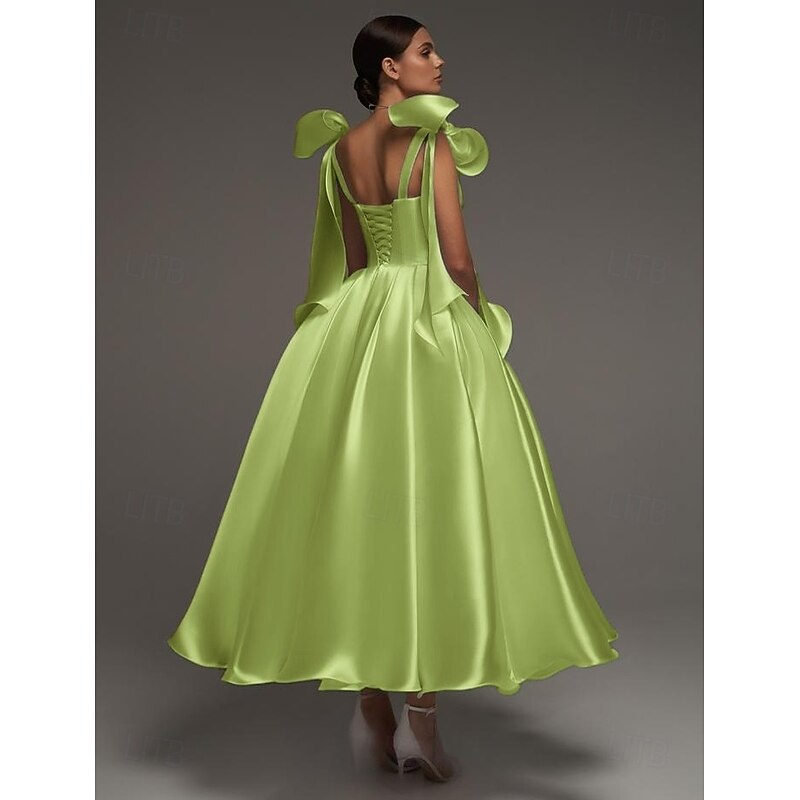A-Line Cocktail Dresses Elegant Formal Wedding Ankle Length Sleeveless Spaghetti StrapDress Satin with Bow(s)4