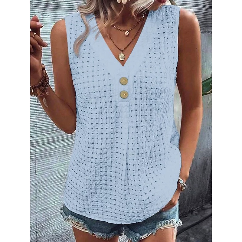 Women's Blouse Solid Color Elegant Vintage Tropical Sleeveless V Neck Regular Tops Daily Holiday Buttons Black White Light Green Pink Light Blue Summer Spring4