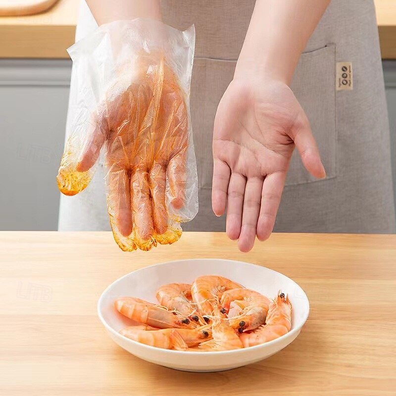 100PCS Thick Disposable Gloves, Transparent Waterproof PE Gloves for Food Handling, Kitchen Cleaning, Catering, Household Use