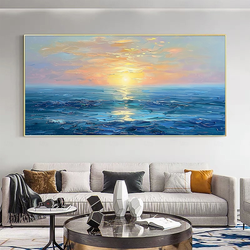 Handmade Original Sunset Ocean Oil Painting On Canvas Abstract Seascape Wall Art for Home Decor With Stretched Frame Without Inner Frame Painting3