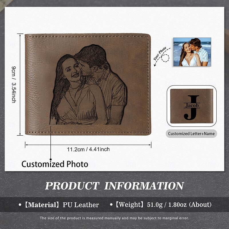 Personalized Photo Engraved Leather Wallet Custom Best Gift for Dad, Custom Name and Initials Engraved, Perfect Valentine's Day, Father's Day, Anniversary, Birthday Gift for Him2
