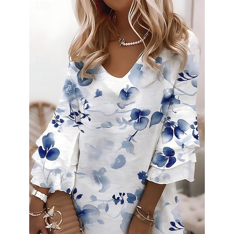 Women's Mini Dress A Line Dress Sundress Summer Dress Boho Party Regular Fit Layered Ruffle 3/4 Length Sleeve V Neck Light Blue Light Green Purple Summer2