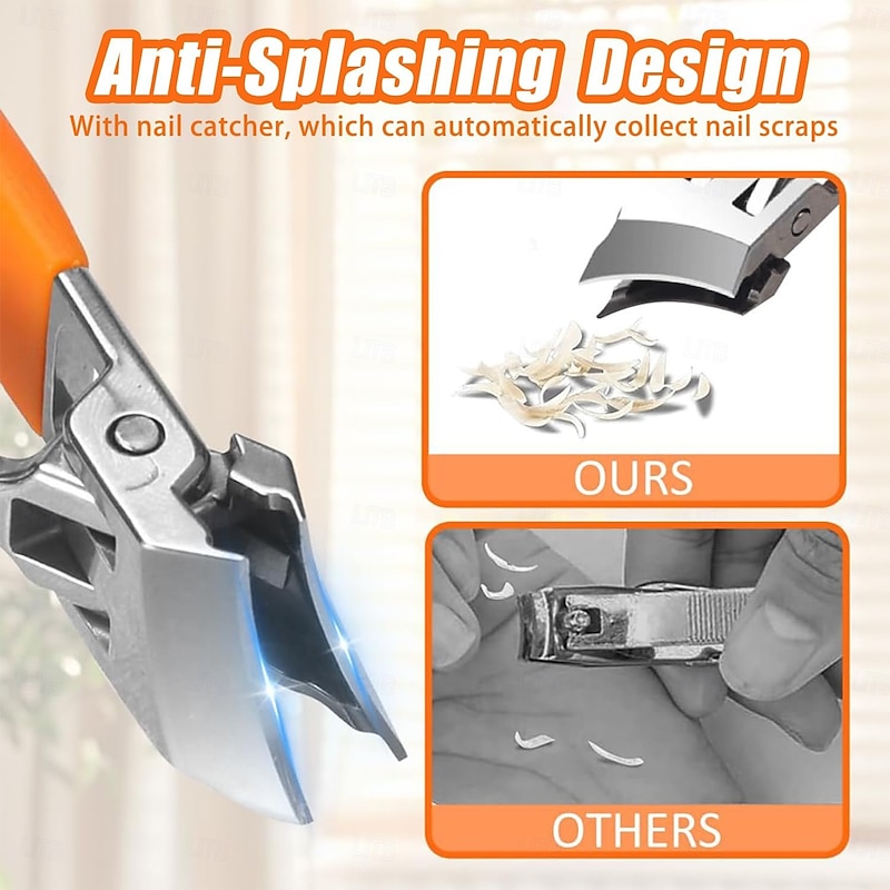 2pcs Wide Jaw Opening Anti-Splash Slanted Nail Clipper for Ingrown Nails Thick Toenails Long Handle No Splash Nail Trimmer Toenail Clippers for Women and Men (Orange & Black)4