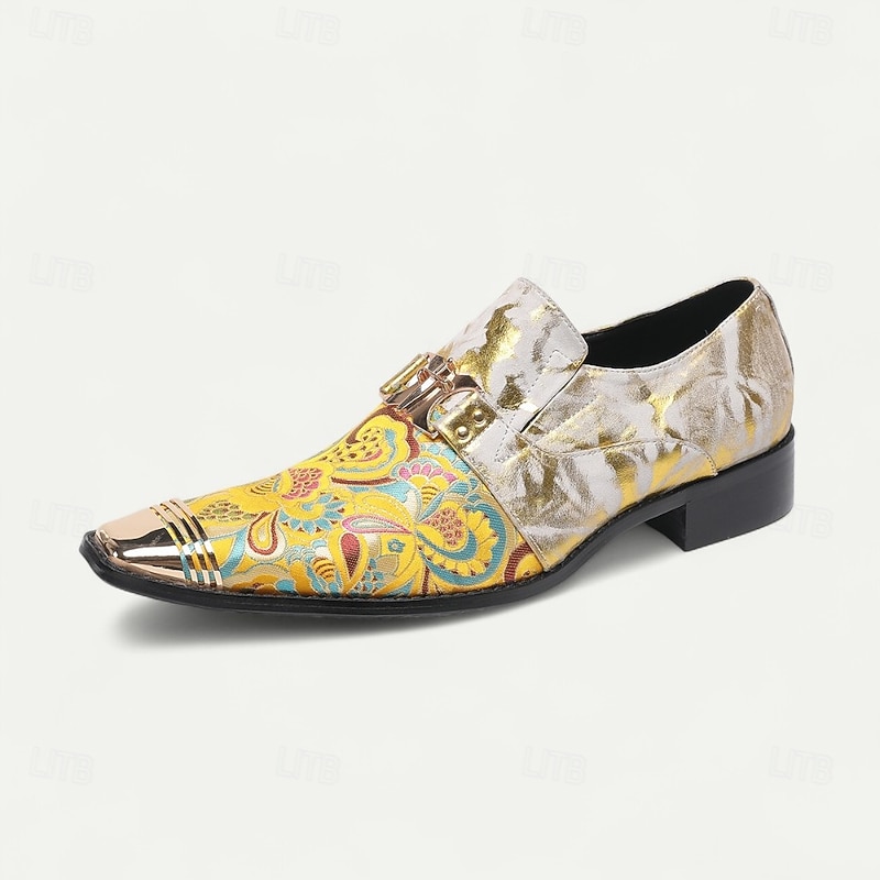 Men's Gold and White Leather Floral Design Dress Shoes–Elegant Formal Footwear for Weddings and Gala Events3