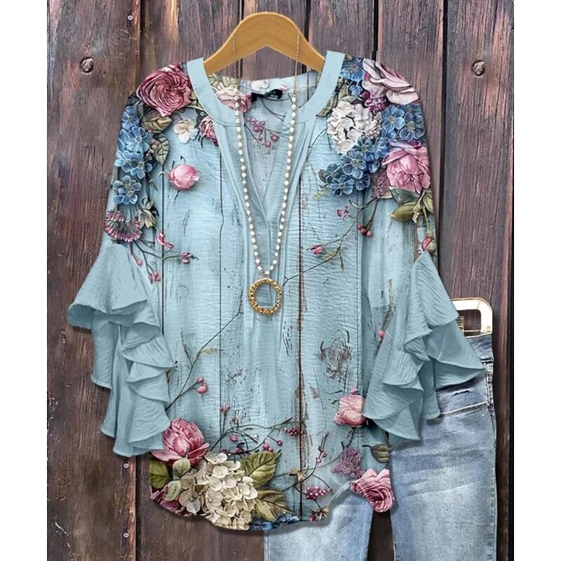 Women's Blouse V Neck Floral Graphic Bohemia Vintage Daily 3/4 Length Sleeve Flutter Sleeve Regular Tops Daily Holiday Vacation Wear Ruffle Print Blue Light Blue Summer Spring Fall