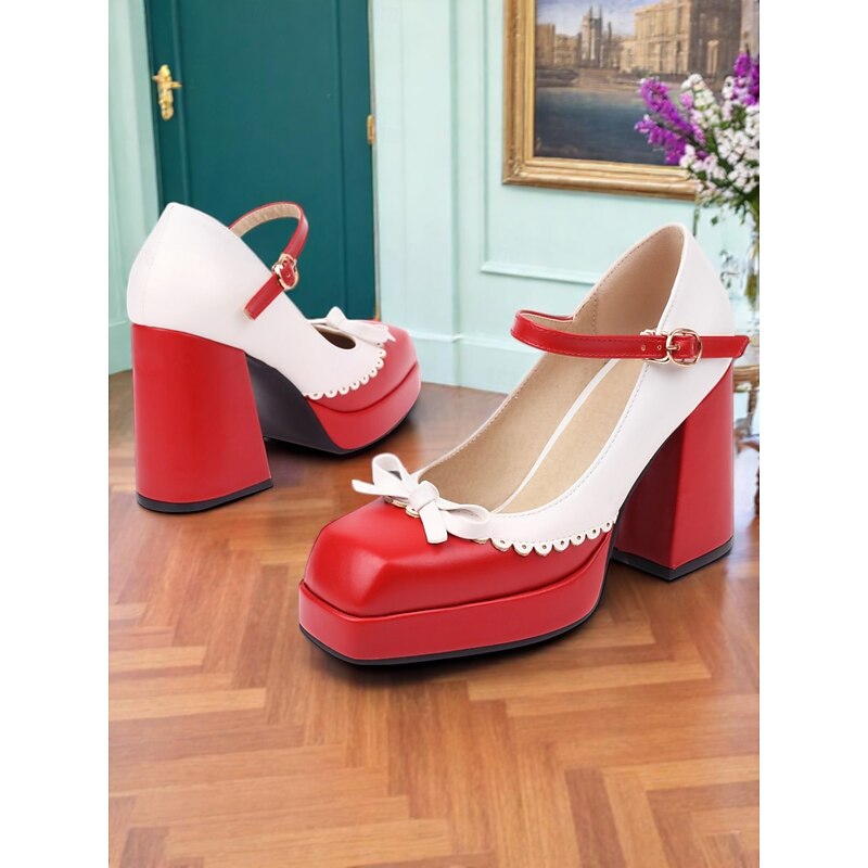 Women's Light Blue and White Mary Jane Chunky Heels with Bow Detail, 1950s Lolita Vintage Style Platform Shoes for Teens and Young Adults, Ideal for Daily Outfits and Casual Dates4