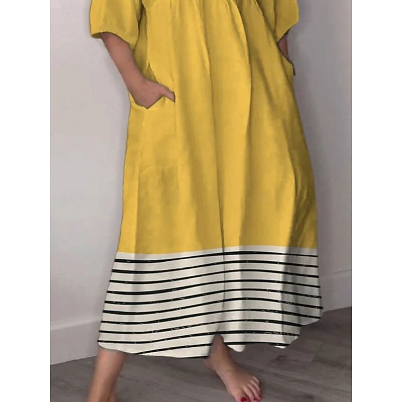 Women's Midi Dress Sundress A Line Dress Vacation Casual Boho Going out Beach Graphic Geometric 3/4 Length Sleeve V Neck Yellow off-white Summer Spring3