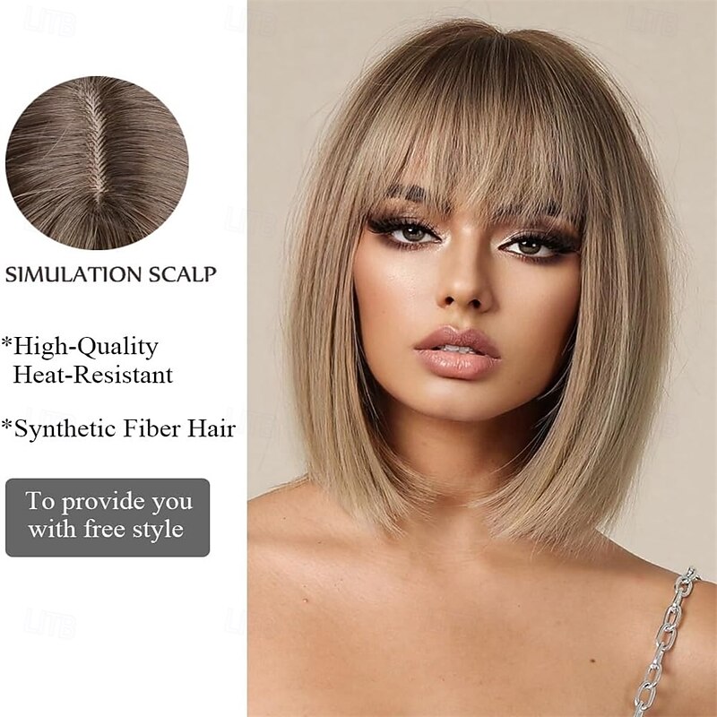 Ombre Blonde Bob Wig With Bangs Short Straight Wig For Women Synthetic Hair Wigs for Daily Party Cosplay Wear3