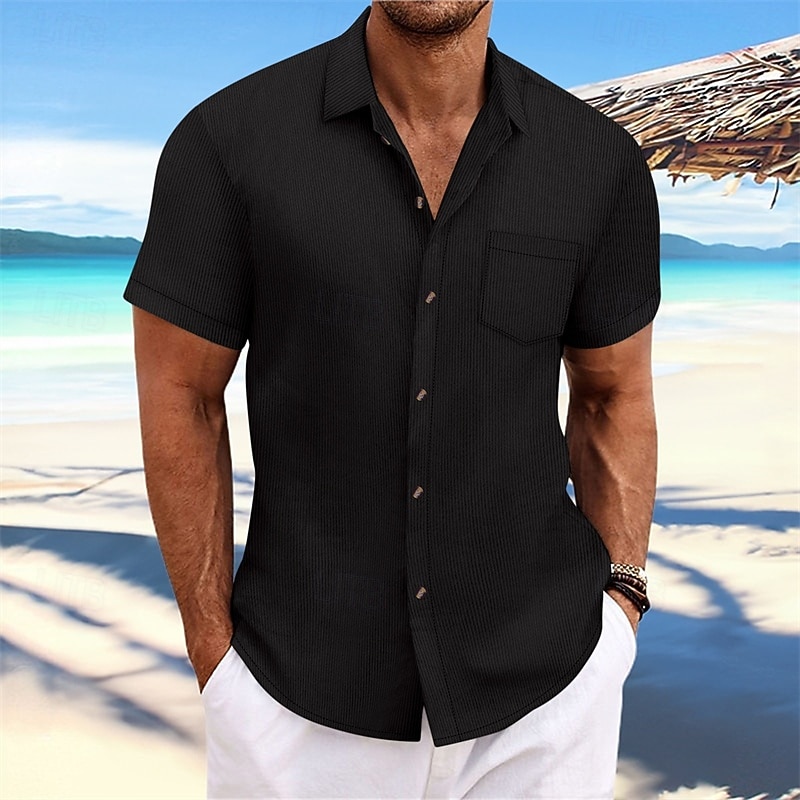 Men's Shirt Summer Shirt Casual Shirt Beach Shirt Button Up Shirt Black Navy Blue Blue Dark Green Brown Short Sleeve Plain Lapel Vacation Hawaiian Jacquard Clothing Apparel Polyester Fashion Casual3