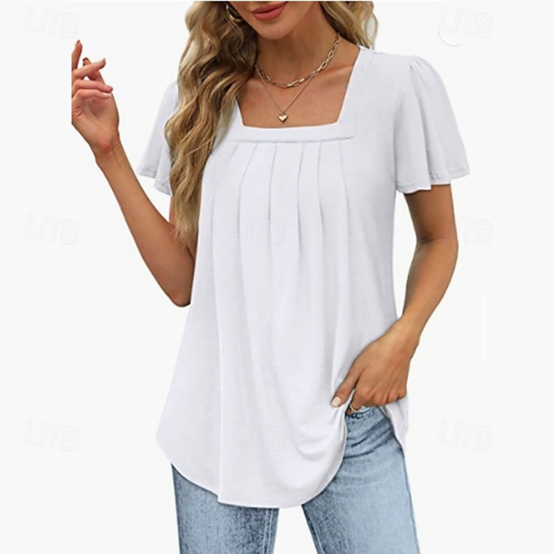 Women's Blouse Summer Tops Solid Color Elegant Stylish Basic Short Sleeve Square Neck Regular Tops Daily Ruched Black White Pink Blue Green Summer4