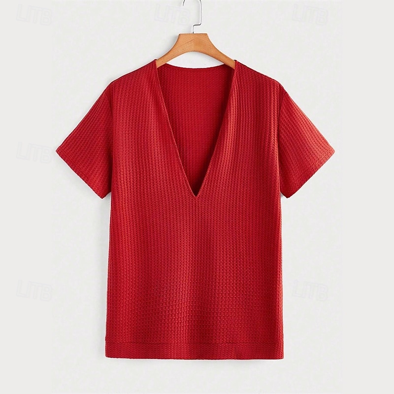 Men's Waffle Tee T Shirt Tee Short Sleeve Shirt Short Sleeve Deep V Summer Plain Fashion Designer Basic Jacquard Vacation Street Going out Black Red Navy Blue Top Tee for Men2