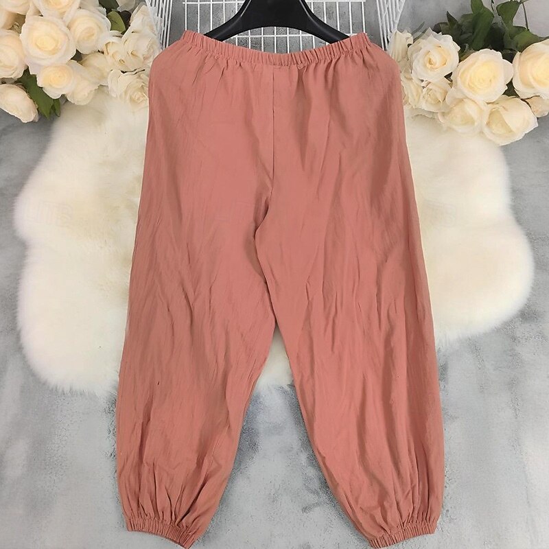 Women's Cotton Linen Pants Slacks Streetwear Casual Full Length Natural Flower Pocket Elastic Waist Comfy Outdoor Comfortable Outdoor Vacation Orange red Summer Regular Fit3