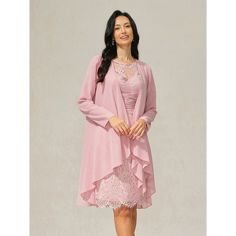 Women's Knee Length Dress Lace Dress Elegant Cocktail Party Regular Fit Solid Color Short Sleeve Crew Neck Blush Pink Summer Spring2