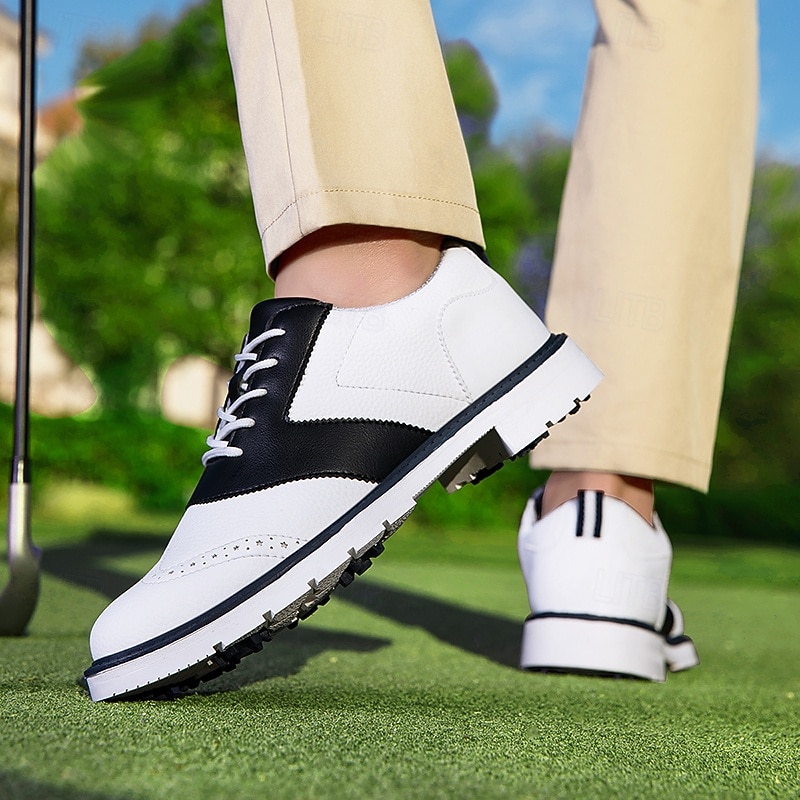 Men's Classic Black and White Golf Shoes with Faux Leather Upper - Versatile Design for Golf and Casual Wear4