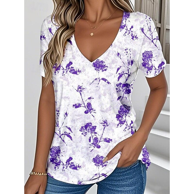 Women's T Shirt Floral Graphic Plants Vintage Stylish Classic Short Sleeve V Neck Regular Tops Daily Print Red Blue Purple Green Light Blue Summer Spring4