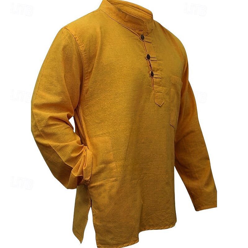 Men's Shirt Summer Shirt Casual Shirt Beach Shirt Button Up Shirt Black Yellow Orange Army Green Dark Blue Long Sleeve Plain Band Collar Vacation Hawaiian Clothing Apparel Polyester Fashion Casual3