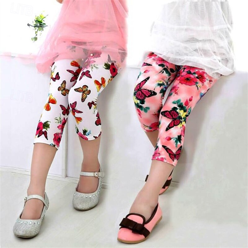 Kids Girls' Leggings Floral Daily School 4 years+ Summer Deep Pink Black White