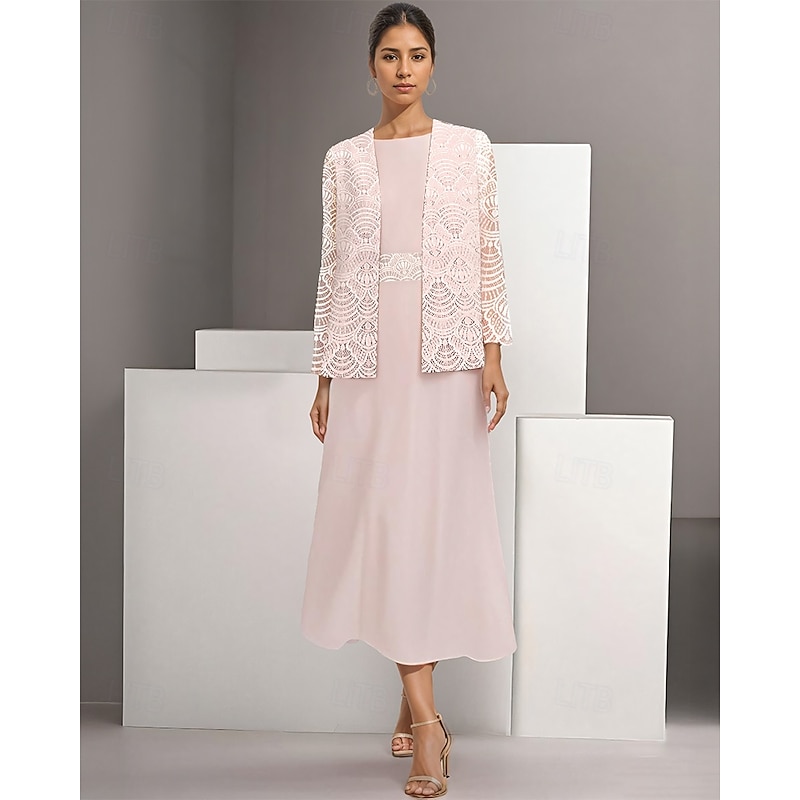 Two Piece A-Line Mother of the Bride Dress Elegant Simple Casual Boat Neck Ankle Length Chiffon Long Sleeve with Lace