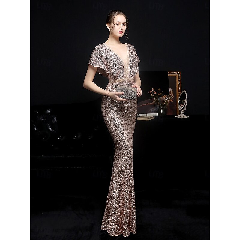 Mermaid / Trumpet Quinceanera Dresses Elegant Dress Formal Wedding Floor Length Short Sleeve V Neck Sequined with Sequin3