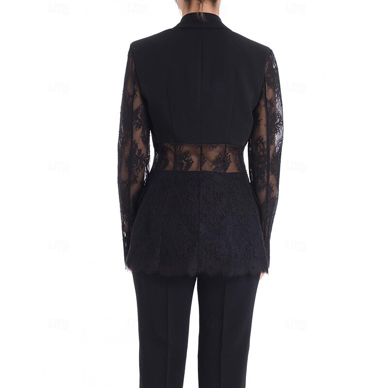 Women's 2 Pieces Suits Formal Wedding Guest Stretch Crepe Elegant Minimalist Lace Sleeve Floor Length Peak Lapel Single Breasted3