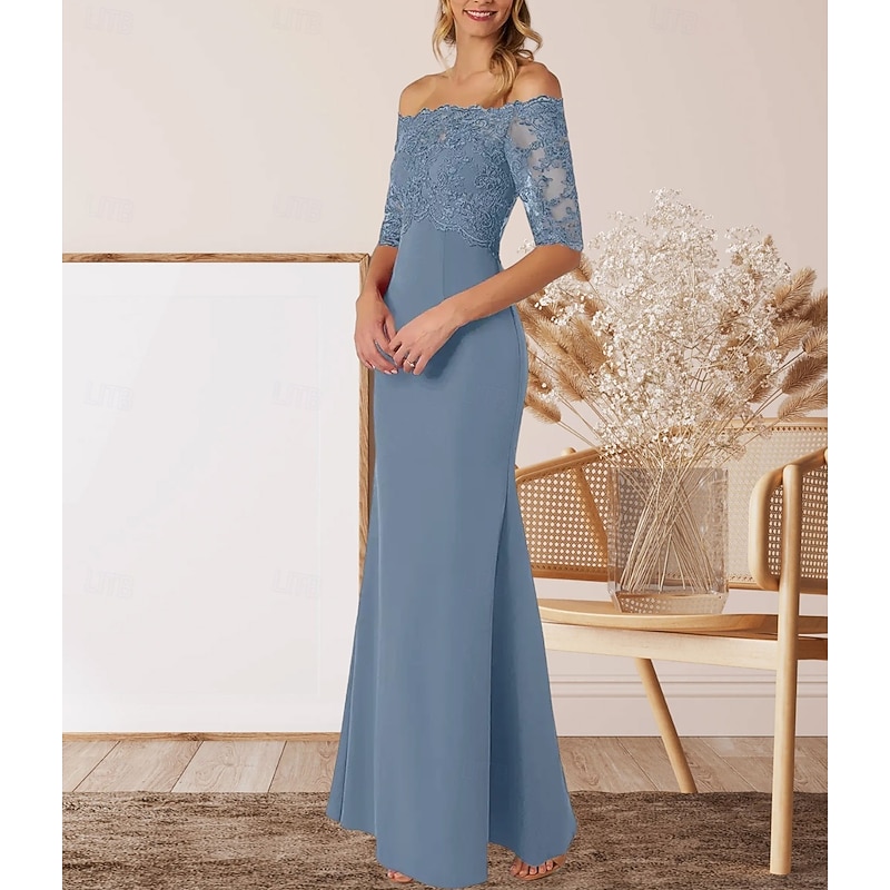 A-Line Mother of the Bride Dress Wedding Guest Elegant Off Shoulder Floor Length Chiffon Half Sleeve with Lace3