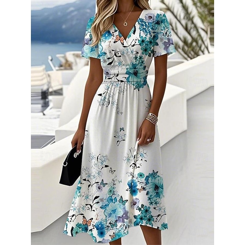 Women's Elegant Midi Dress A Line Dress Wrap Dress V Neck Short Sleeve Going out Floral Graphic Sleeveless Gray Pink Blue