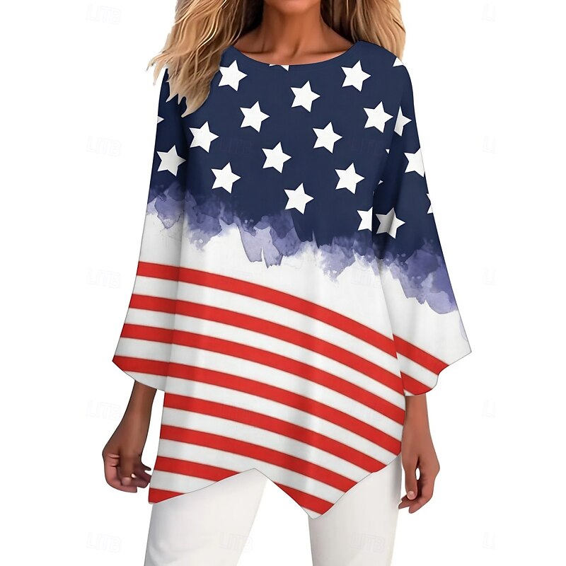 Women's Patriotic  Shirt Flag Stylish Casual 3/4 Length Sleeve Crew Neck Regular Tops Daily Print White Red Navy Blue Blue Summer Spring2
