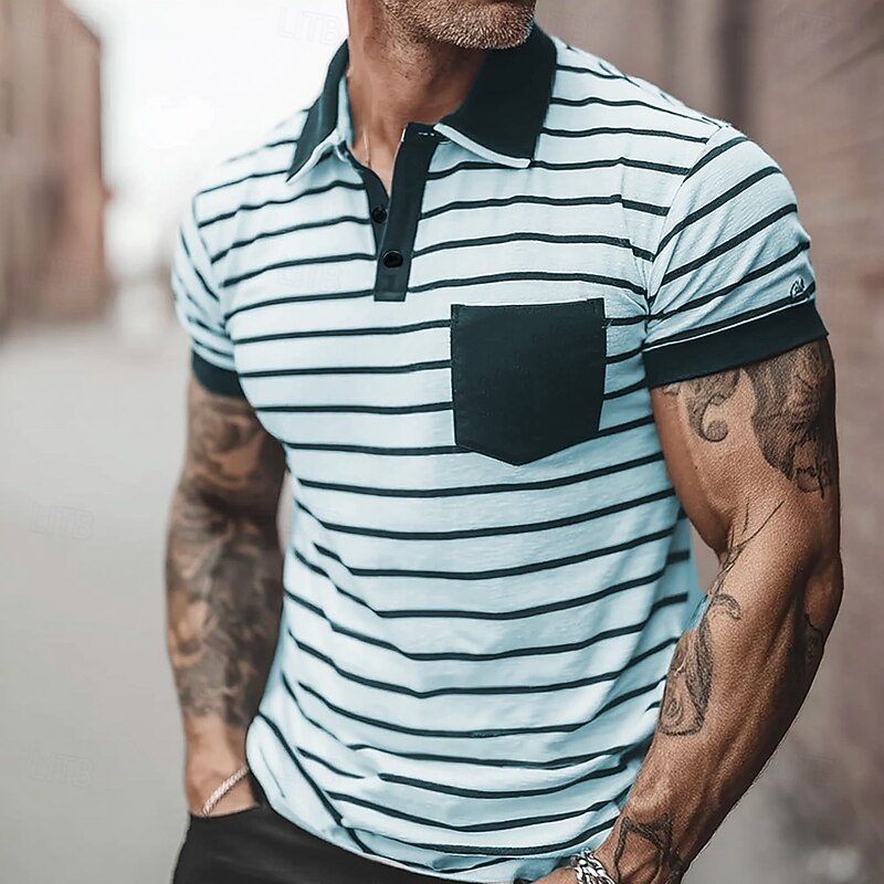 Men's Horizontal Stripes Polo Short Sleeve Turndown Casual Daily Athleisure Casual Daily Buttons Pocket Summer Robin's Egg Blue White2