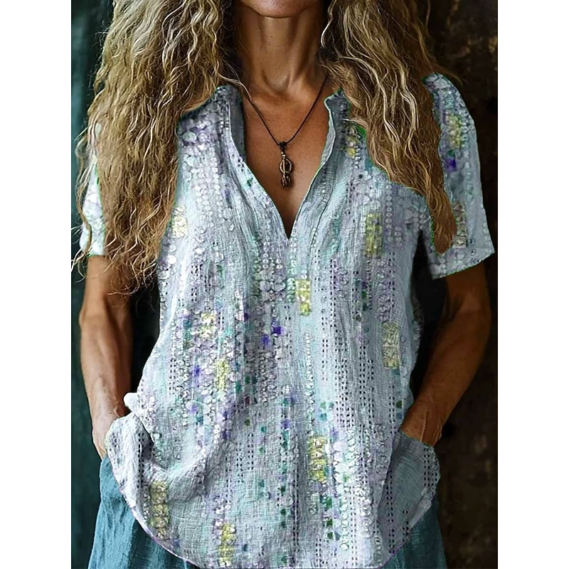 Women's Blouse V Neck Floral Elegant Bohemia Vintage Short Sleeve Notched Neck Regular Tops Daily Holiday Going out Black White Light Green Red Light Blue Summer Spring2