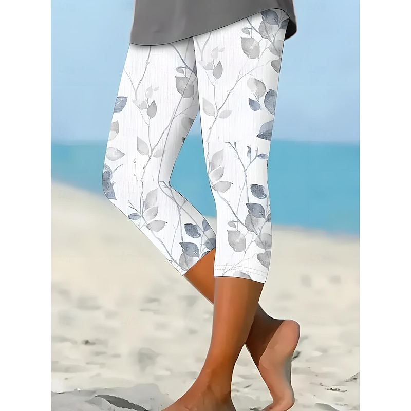 Women's Leggings Capri Pants 3D Print Vacation Vintage Fashion Calf-Length High Waist Floral Graphic Printing Stretchy Vacation Street Causal Robin's Egg Blue Black White Blue Summer Spring Slim Fit
