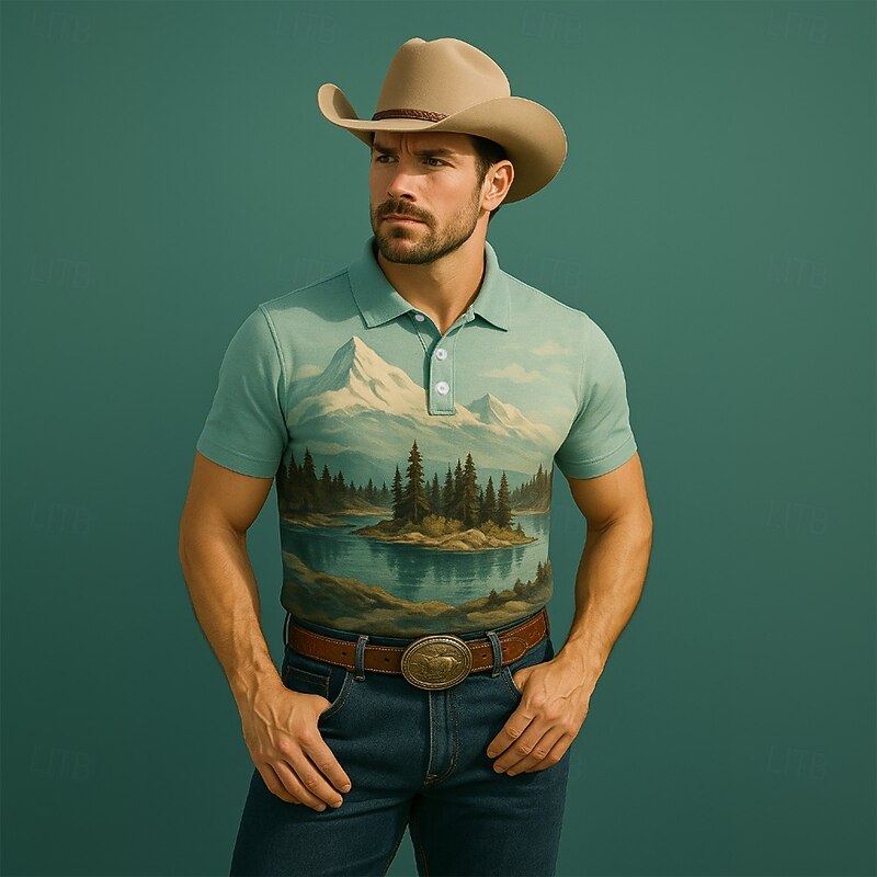 Men's Tree Mountain Polo Short Sleeve Polo Shirts Collared Shirts Casual Western Style Outdoor Athleisure Daily Wear 3D Print Summer Black Blue Purple